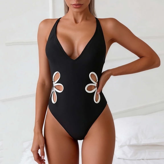 Fznquz Swimsuits for Women Tummy Control One-Piece Swimwear V Neck Tie Back Built In Bras Bathing Suits