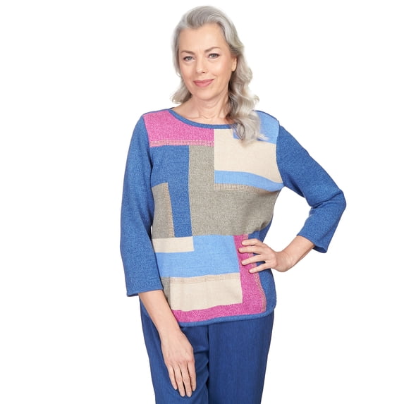 Alfred Dunner Womens Petite Colorblock Crew Neck Sweatshirt