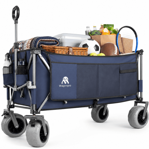 52" Extended Folding Wagon Cart, 560 lbs Heavy Duty Collapsible Utility Wagon with 9"x4" All-Terrain Wheels, Brakes, Cup Holders, 1:6 Compact Fold for Beach, Camping, Garden, Blue Gray