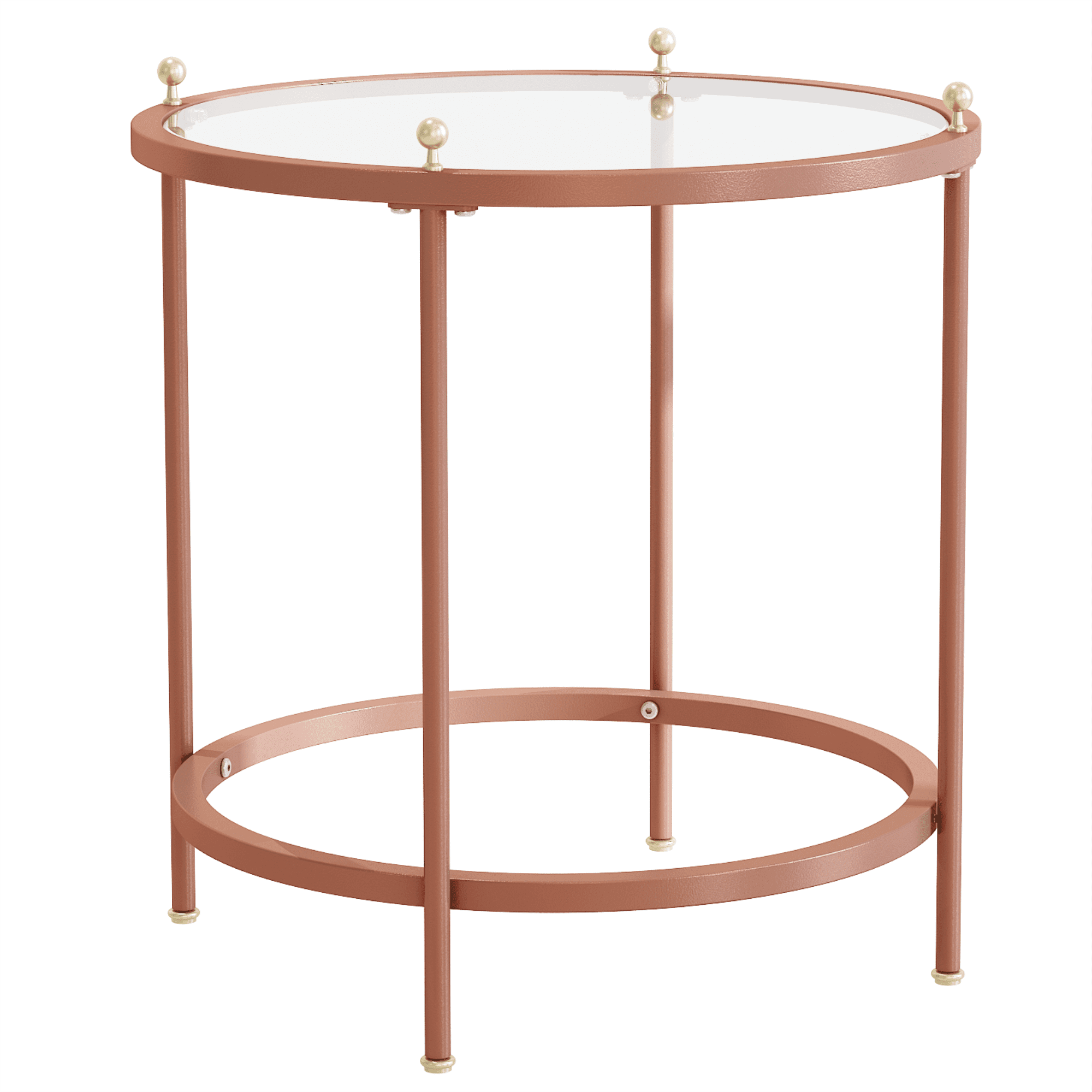 Resenkos Tempered Glass Tabletop End Table, Round Storage Side Table with Rose Golden Metal Frame for Bedroom Living Room