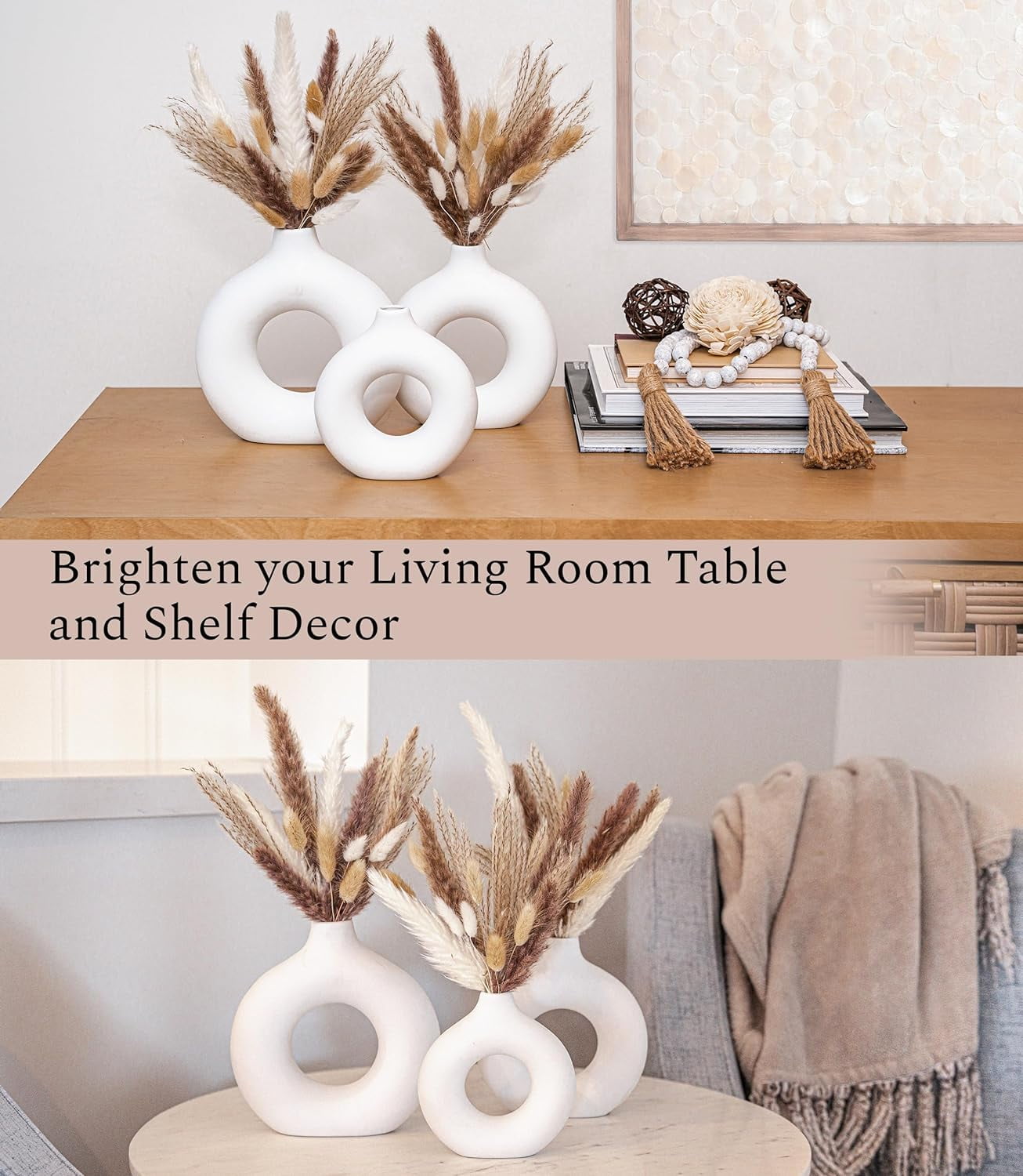 XH Set of3 White Ceramic Vase with 65 PCS Dried Pampas Grass Flowers Aesthetic Boho Modern Small Round Cute Vases for Decor Living Room Coffee Table Shelf Bedroom Office Desk Home Gifts Women Mom