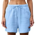 thumbnail image 3 of Htigea Clearance Women's Casual Linen Shorts Comfy Elastic Waist Summer Lightweight Wide Leg Shorts with Pockets Clearance Sale Light Blue,L, 3 of 7