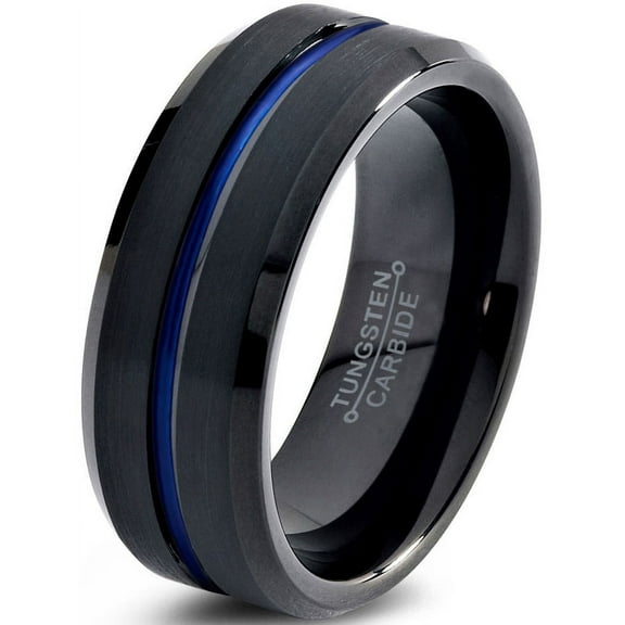 P. Manoukian Tungsten Wedding Band Ring 10mm for Men Women Black Blue Center Line Beveled Edge Brushed Lifetime Guarantee Size 4