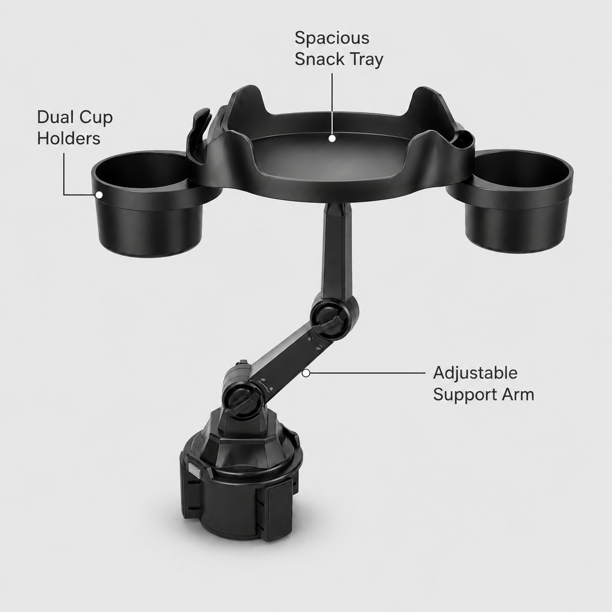 Black Adjustable Car Cup Holder Tray – Food and Drink Organizer with Dual Cup Holders, Snack Surface, and Swivel Arm