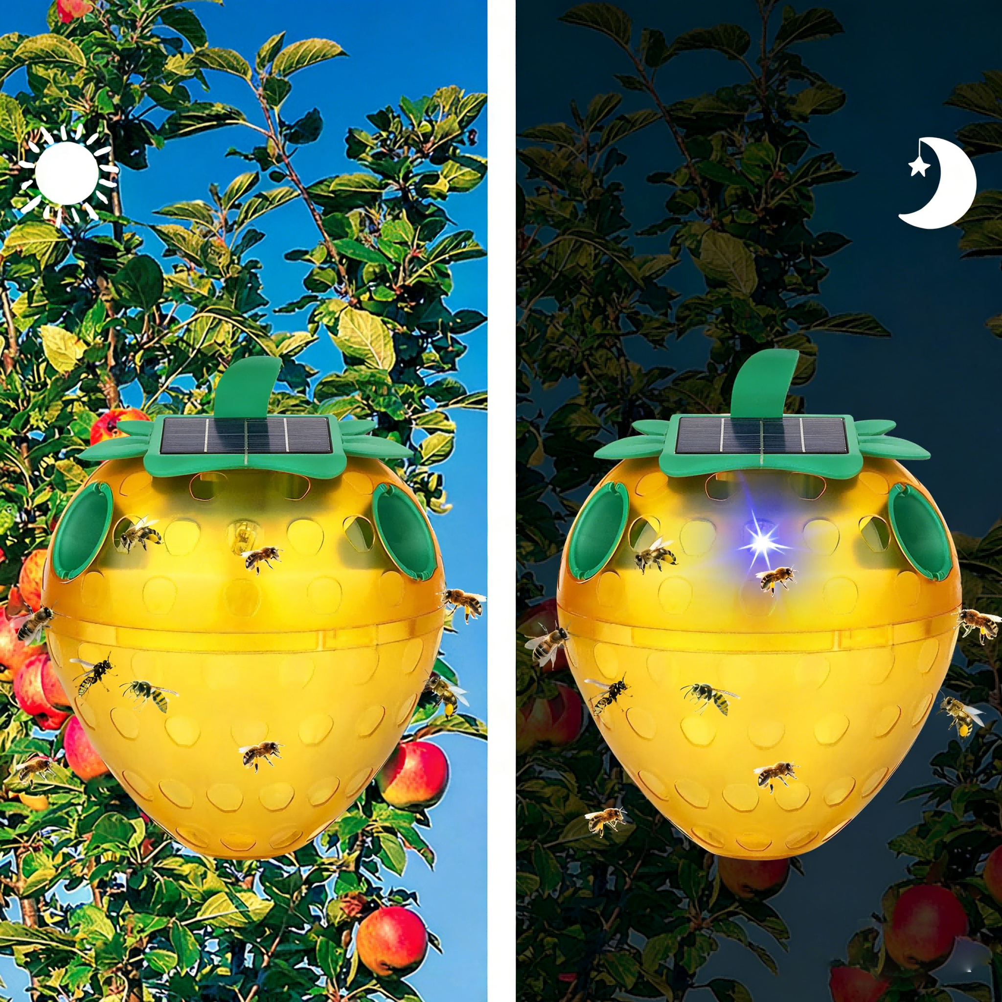 Solar-powered mason bee trap. Outdoor strawberry-shaped bee trap. Suitable for gardens and farms.