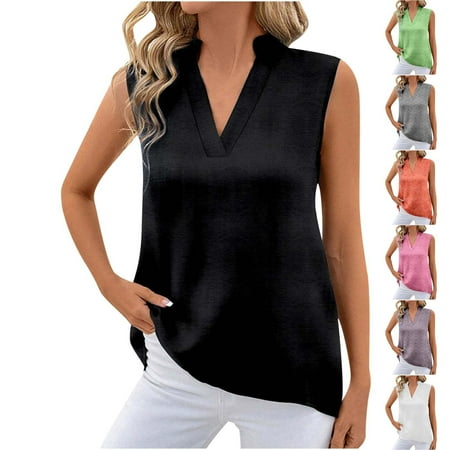 Dazajoo Women s 2025 Summer Linen Blouses Sleeveless V Neck Tshirts Casual Loose Flowy Dressy Tops for Leggings Daily Deals Black S