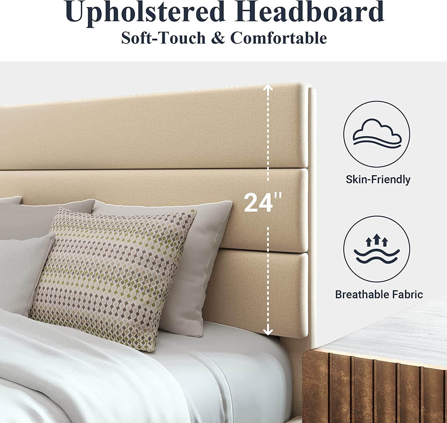 Allewie Queen Size Platform Bed Frame with Fabric Headboard/Fully Upholstered Mattress Foundation, No Box Spring Needed, Beige  (图4)