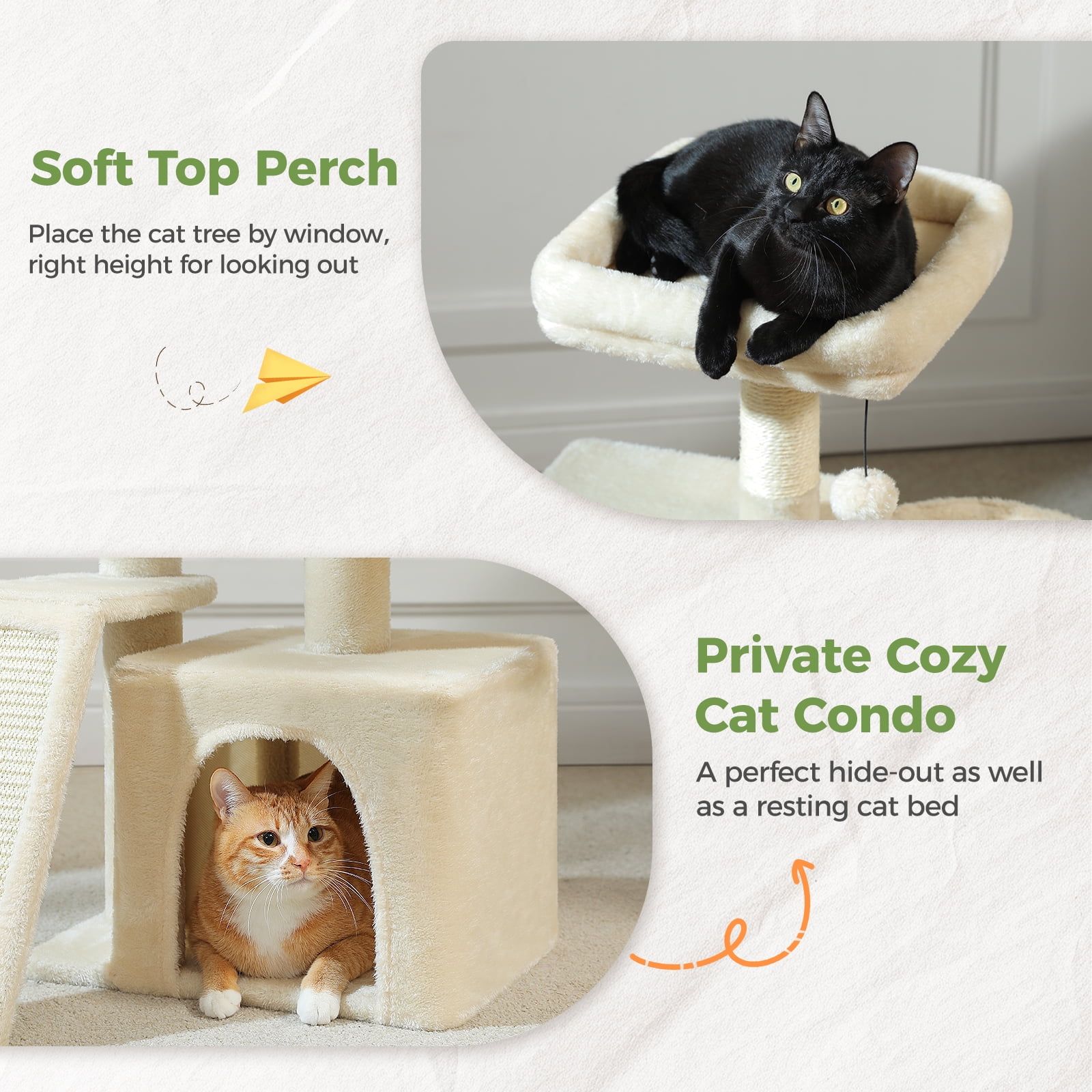 Pefilos 32" Cat Tree Tower, Cute Cat Condo with Sisal Scratching Ramp, Cozy Hammock and Removable Top Bed Perch for Indoor Kittens, Beige