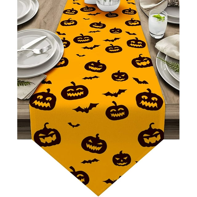 Cotton Linen Table Runners Halloween Pumpkin Lamp and Bat Kitchen Dining Burlap Table Decoration for Home Party Decor 13 x 70 Inch