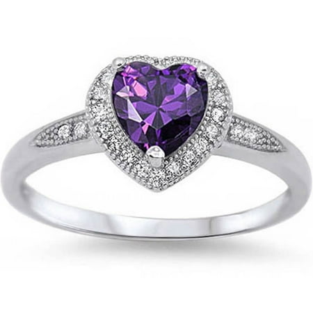 - DTLA Halo Style Heart Cut Created Amethyst Promise Ring .925 Sterling Silver