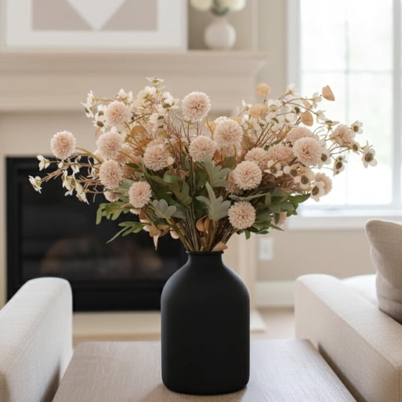 Beige Silk Flower Arrangements For Home Decor, Large Floral Centerpieces For Tables, Fake Mums   Eucalyptus   Wild Flowers in Bulk, Long Stem Artificial Flowers Coffee Dining Table, Faux Mums Flowers