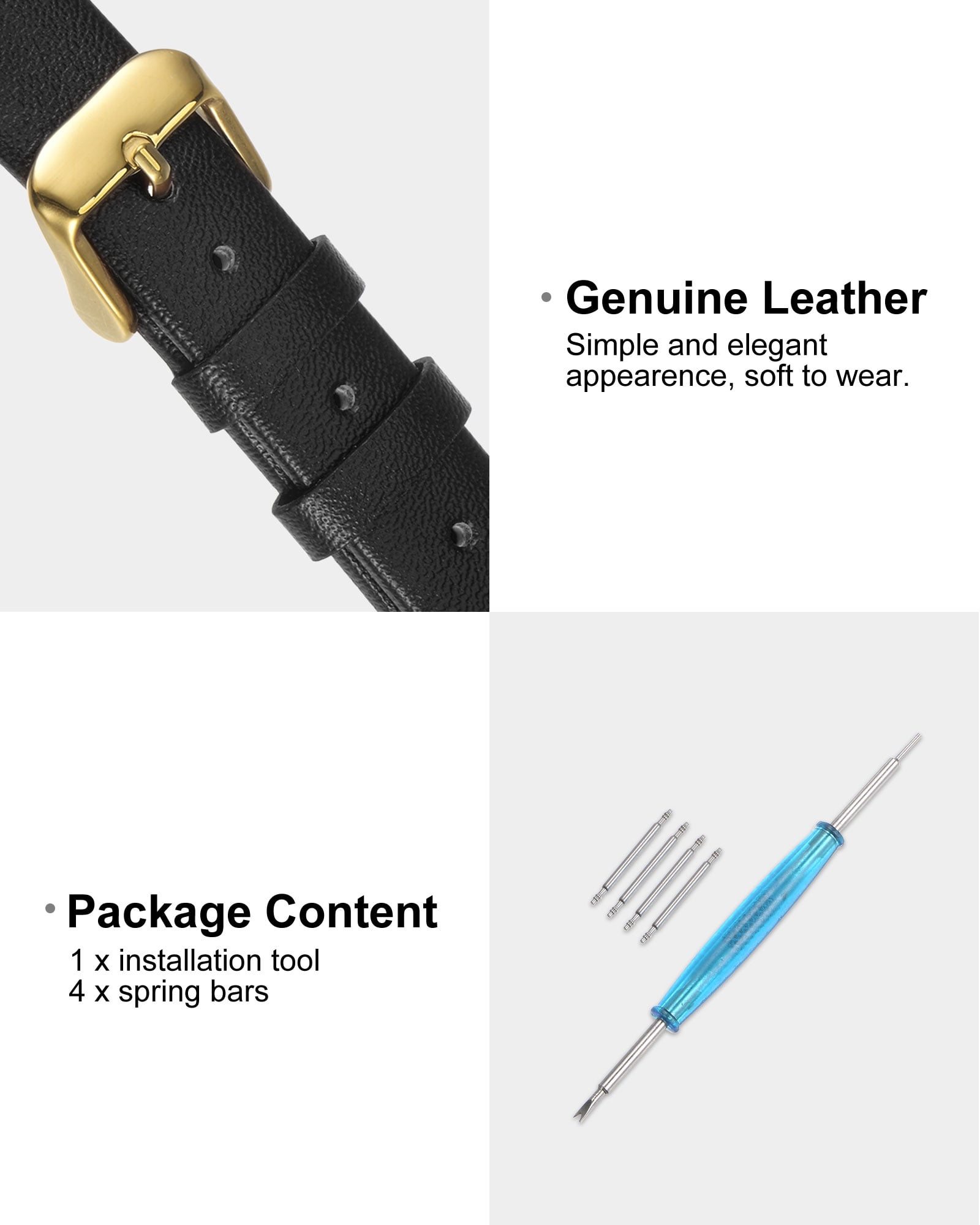 Unique Bargains Multi-sizes Genuine Leather Band Flat Thin Elegant Leather Watch Strap  16mm Black Band with Gold Buckle