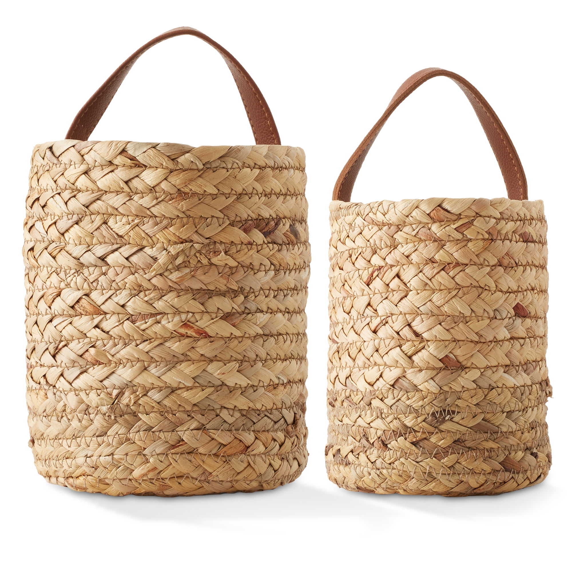 Casafield Set of 2 Wall Hanging Baskets with Handles (Small and Large) - Natural Water Hyacinth, Woven Boho Plant and Flower Storage Pots