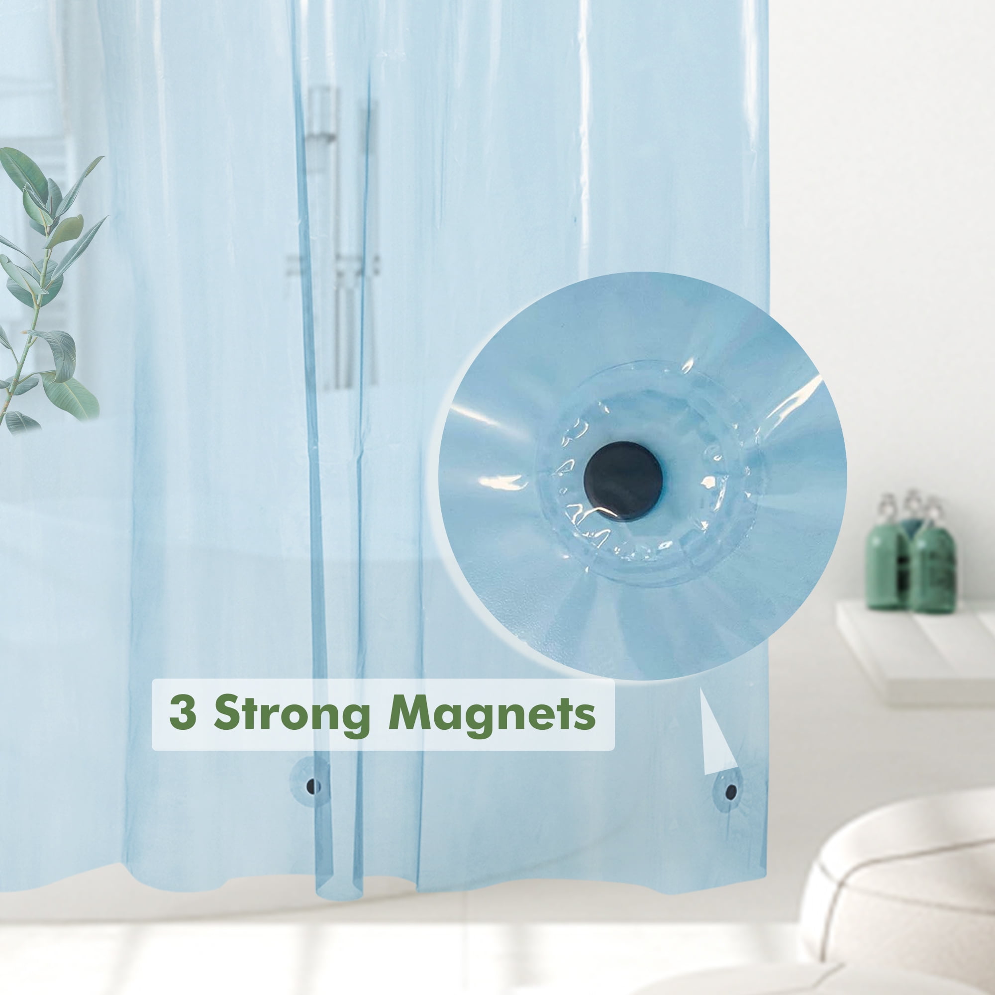 Barossa Design Lightweight Waterproof Shower Curtain PEVA Liner with 3 Magnets -Clear Blue, 72" x 72"
