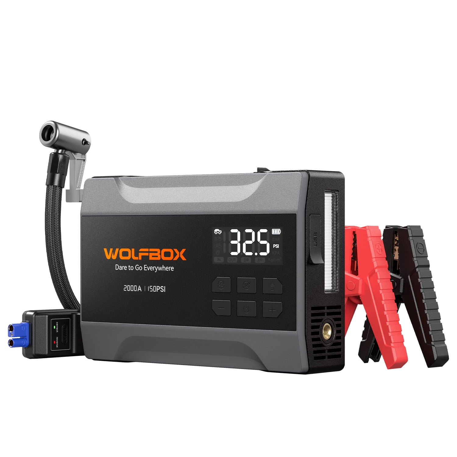 WOLFBOX Car Jump Starter with Air Compressor, 2000A 150PSI Portable Car Battery Jump Box(5.0L Gas) with Digital Tire Inflator, 12V