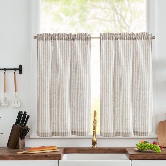 Cortinas de cocina de lino Jinchan a rayas, 90 cm, color topo, 2 paneles