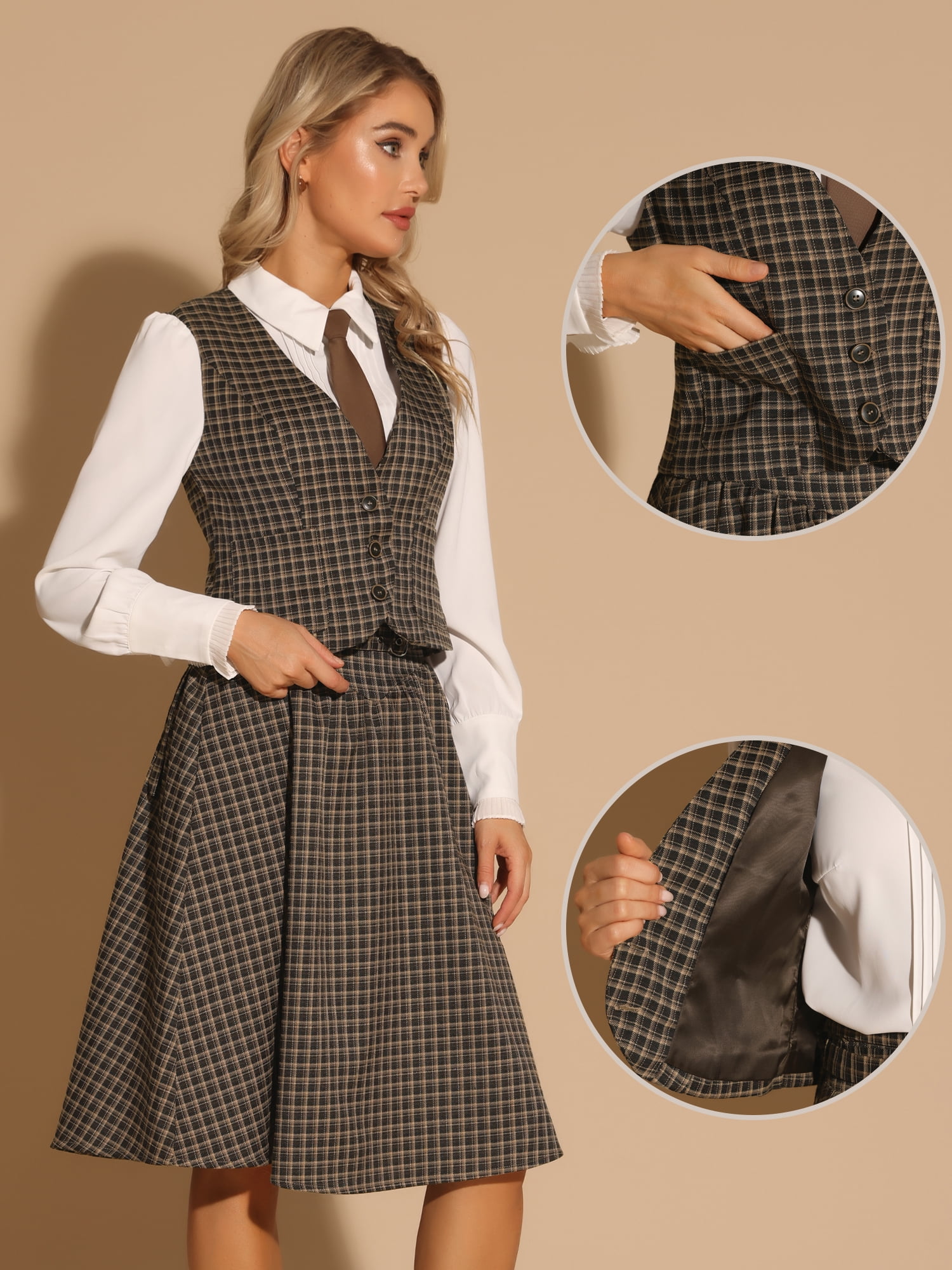 DARING DIVA Women's Plaid Single Breasted Sleeveless Racerback Waistcoat XS Brown