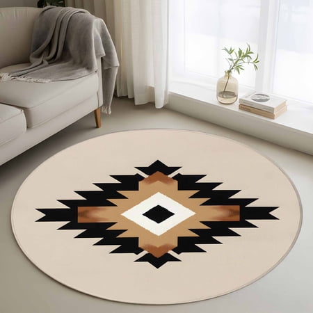 3ft Washable Round Rug Abstract Ethnic Non-Slip Circle Area Rug for Bedroom Bedside Vintage Black Brown Bohemian Pattern Soft Indoor Floor Mat for Home Decor