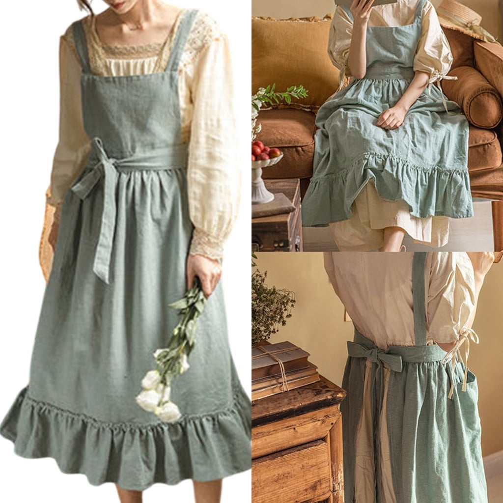Yokua Ruffle Baking Apron Pinafore Dress Adjustable Maid Costume Apron with Pockets