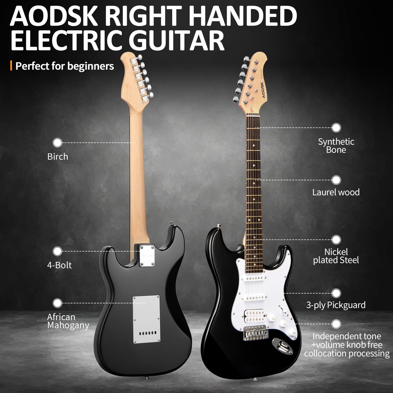 AODSK 39 Inch Full Size Electric Guitar HSS Pickup Beginner Kit with Bag, Amp & All Accessories-AST170-BLACK&WHITE