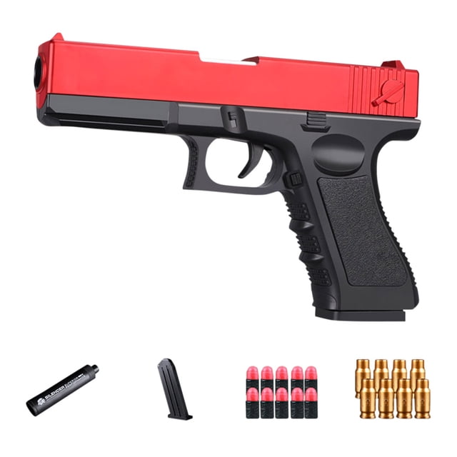 pistola de airsoft, armas simuladas, blaster, armas de juguete para niños para niños y adultos pistola de juguete roja 32x13.5x5 cm, vista lateral 3/4 con deslizante rojo y empuñadura negra texturizada; muestra cargador desmontable y cápsulas de proyectil, recomendada para 14+; a menudo usada como accesorio de lanzador en juegos y decoración de fiestas.