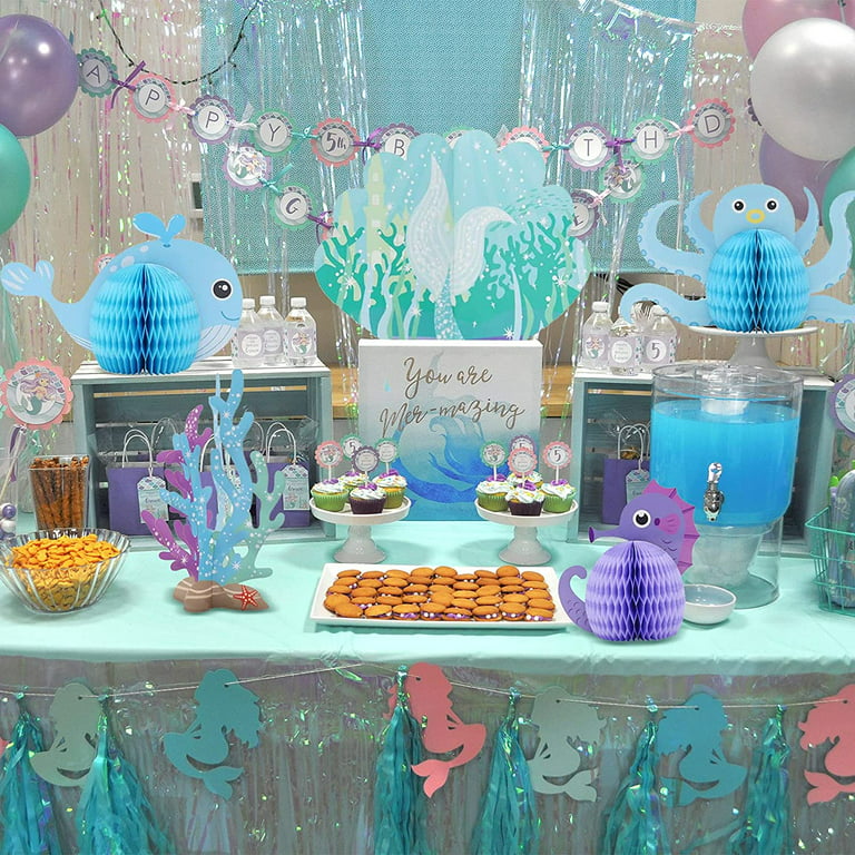 Yansion 8 Pieces Mermaid Centerpieces Sea Animals Honeycomb Party Supplies 3D Ocean Themed Birthday Decorations for Baby Shower Wedding Pool Party