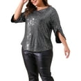thumbnail image 5 of Agnes Orinda Women's Plus Size Tops Glitter 3/4 Slit Sleeve Crew Neck Shimmer Sparkle Sequin Party Blouse Tops 2025 4X Black, 5 of 7