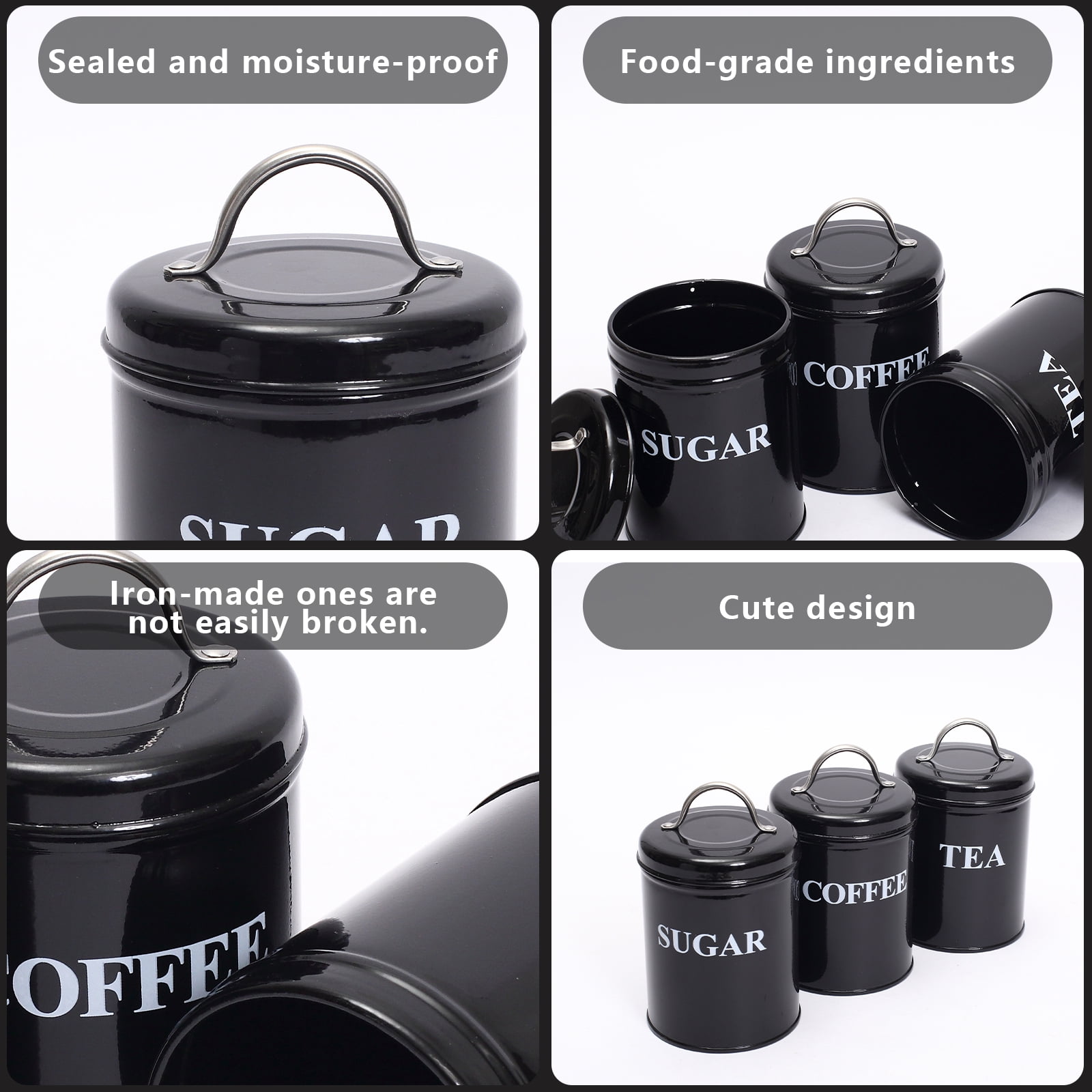 Pethiy Coffee Container Set, 3Pcs Black Metal Airtight Canisters with Lids & Serving Tray, Sealed Storage Jars for Coffee, Tea & Sugar, Kitchen Countertop Organization