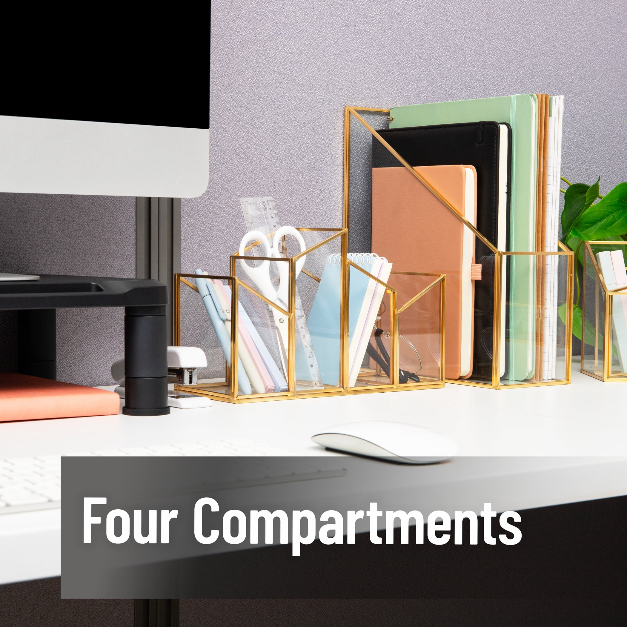 Mind Reader 4-Compartment Angled Glass Pen Holder with Copper Trim, Desktop Organizer for Office Supplies & Accessories, Glass and Copper, Clear