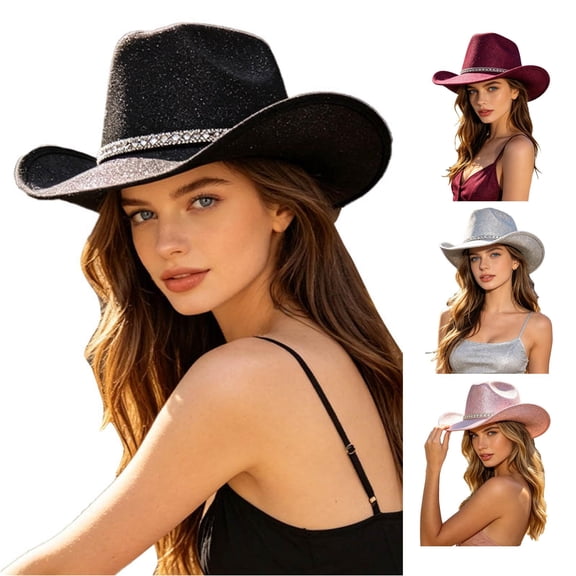 XFeng Rhinestone Band Felt Cowboy Hat Western Wide Brim Hat