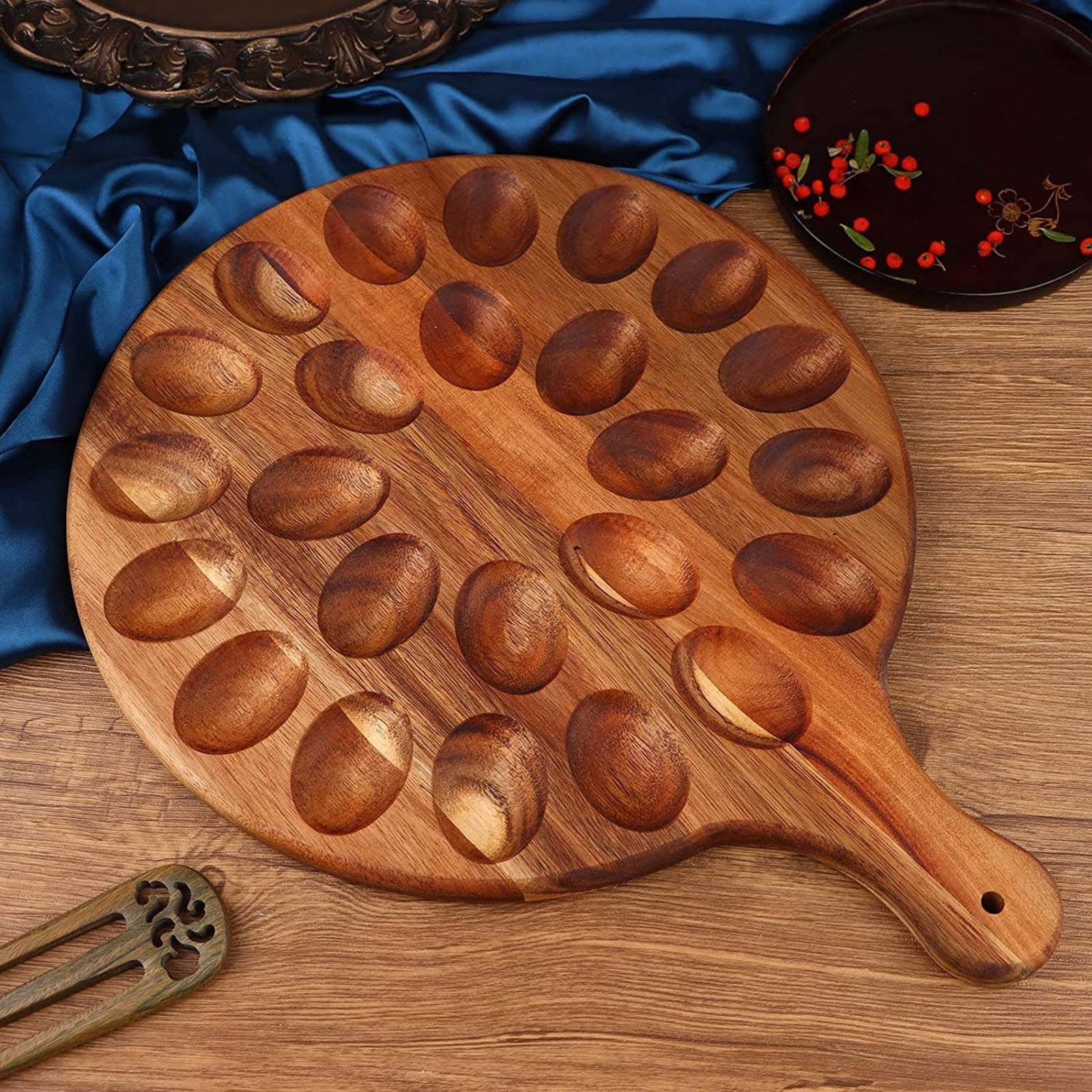 COM1950s Wooden Egg Tray, 24 Hole Reversible Deviled Egg Platter With Handle For Serving And Countertop Storage