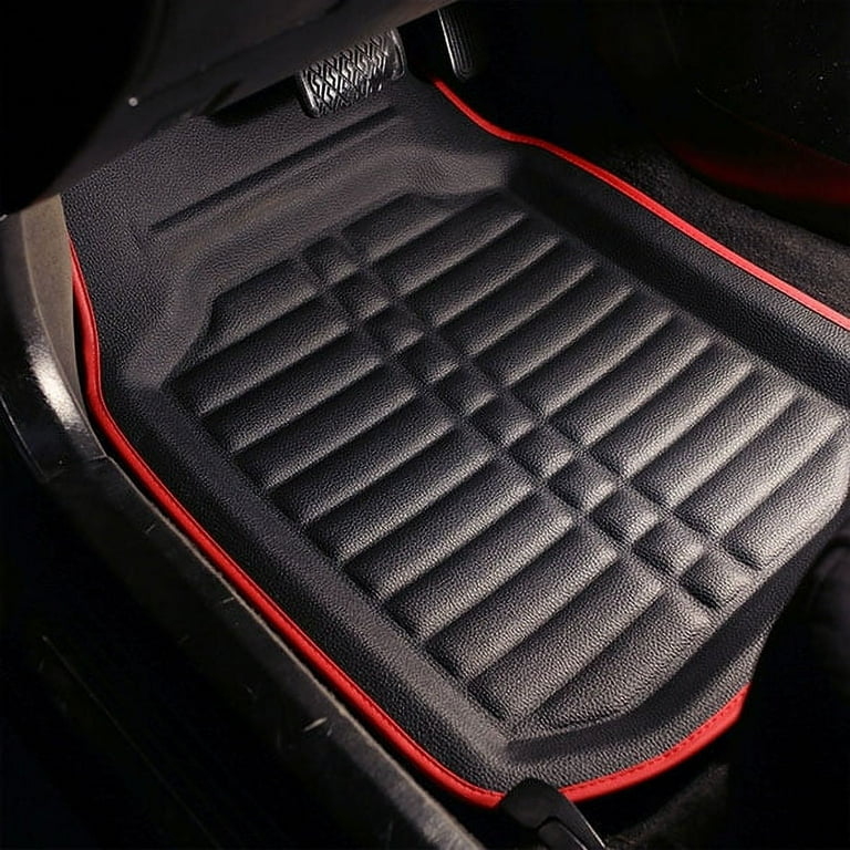 FH Group Deep Tray Leather Car Floor Mat, Universal Red Black 4pcs Full Set with Air Freshener
