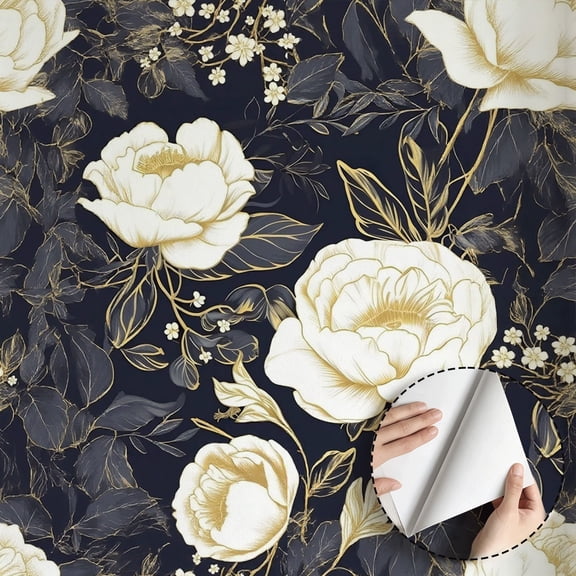 Dark White Peony Gold Accent Wallpaper Vintage Modern Boho Waterproof Peel and Stick Wallpaper Home Decor for Living Room Bedroom Bathroom Kitchen Cabinet Drawer 17.7 * 78.5 in