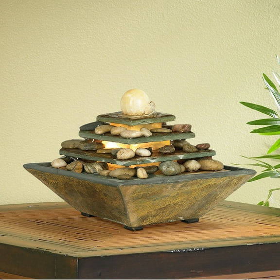 Pyramid 9" High Small Zen Modern Indoor Decor Slate Stone Tabletop Fountain with Light LED Feng Shui Ball Desk