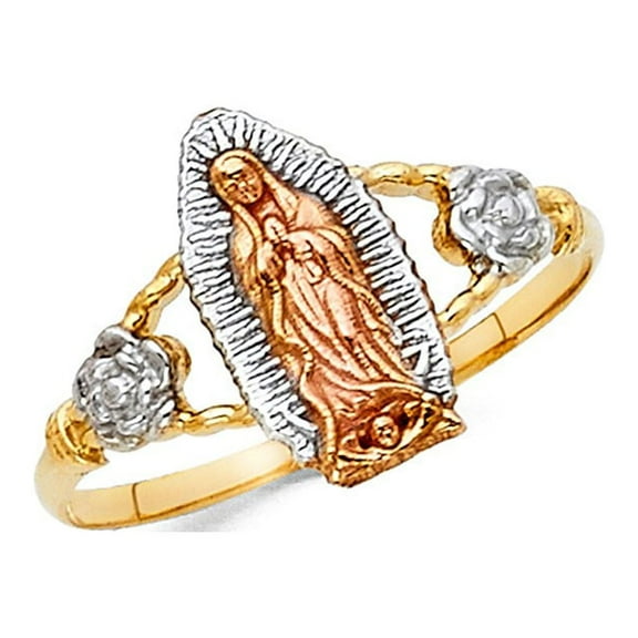 14k Tri Color Italian Gold Rose Flower Virgen de Guadalupe Ring 13mm