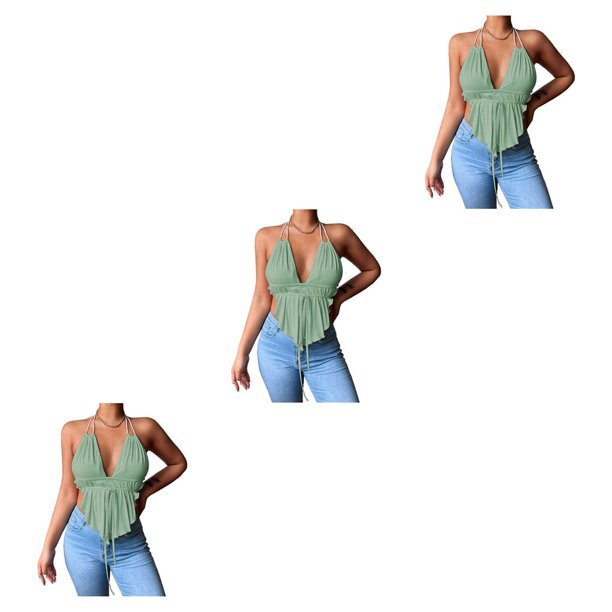 Jumpingount Chaleco con escote en V profundo, camisola con tirantes finos, Top corto estético sin espalda para adolescentes, ropa de fiesta de Verde M 3Conjunto