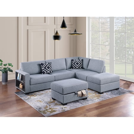 3-Piece Reversible Sectional W Ottoman Functional Storage Sofa W Shelf Reversible Chaise Storage Ottoman Living Room Furniture