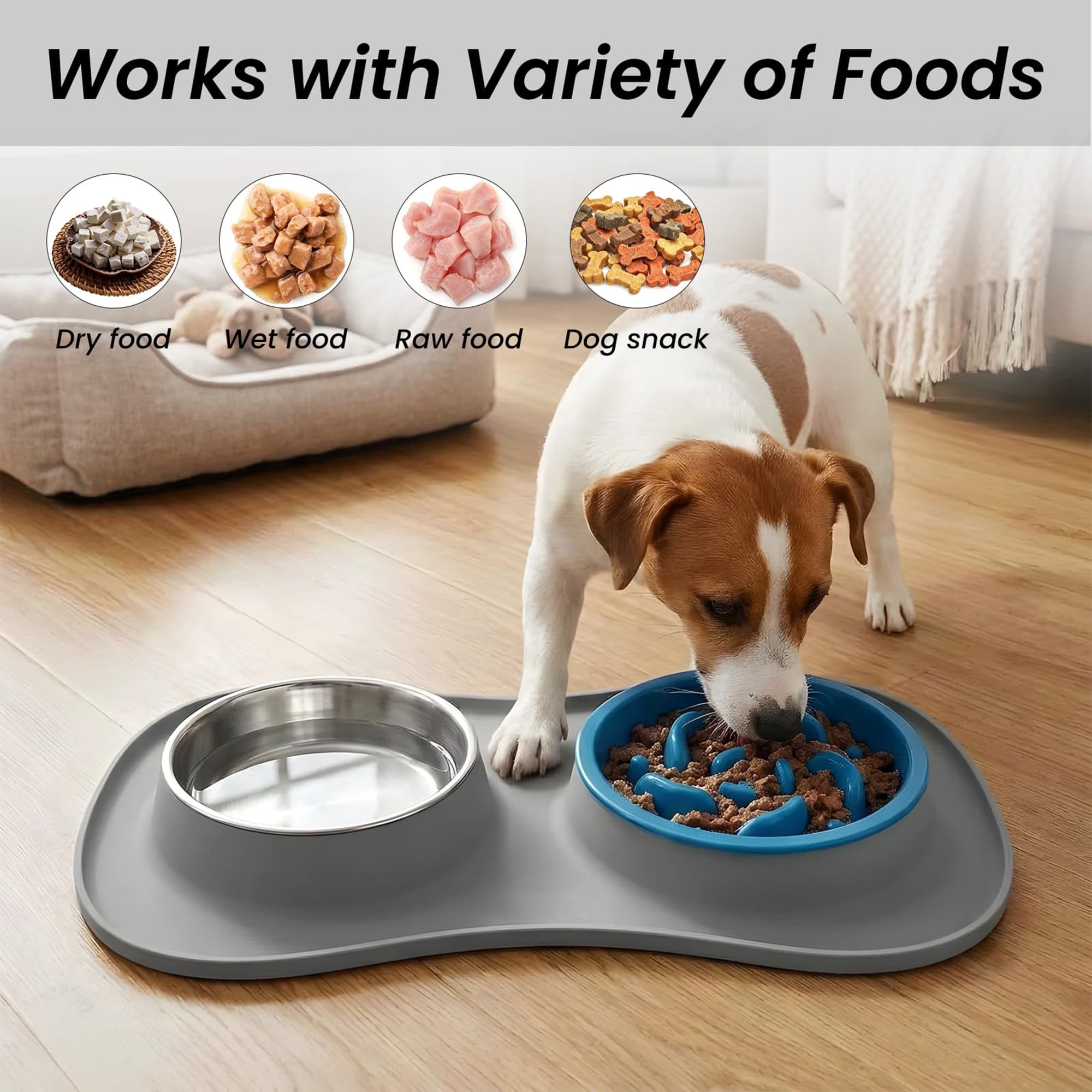 Slow Feeder Dog Bowls Stainless Steel, 3 in 1 No Spill Dog and Water Bowl Set with Non Slip Silicone Mat, Puppy Feeding Station for Large Medium Small Breeds, Gray