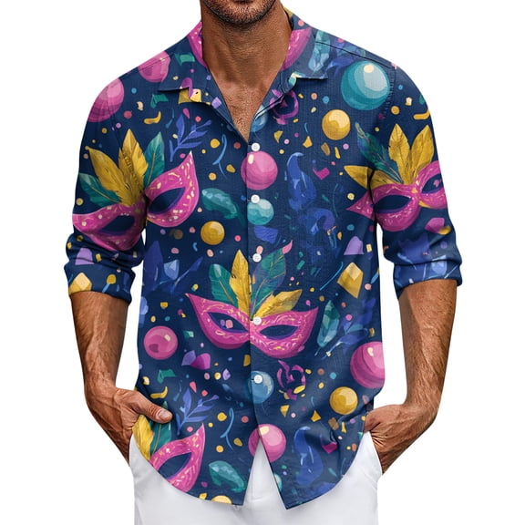 LNZGNM Mens Mardi Gras Carnival Shirt Lapel Printed Button Up Shirt Big and Tall Long Sleeve T-Shirts Stylish Mardi Gras Top,Dark Blue 3XL