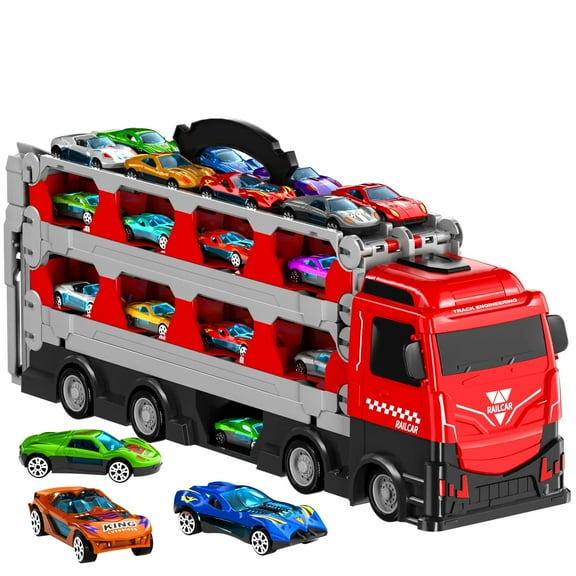 KukuFun 78 inches Transport Truck with 12pcs Die-Cast Cars Toys, Cars Toddler Toys Gifts for 3 4 5 6 7 Years Old Boys Girls Kids, Boys Car Truck Toys Age 3-5 4-7