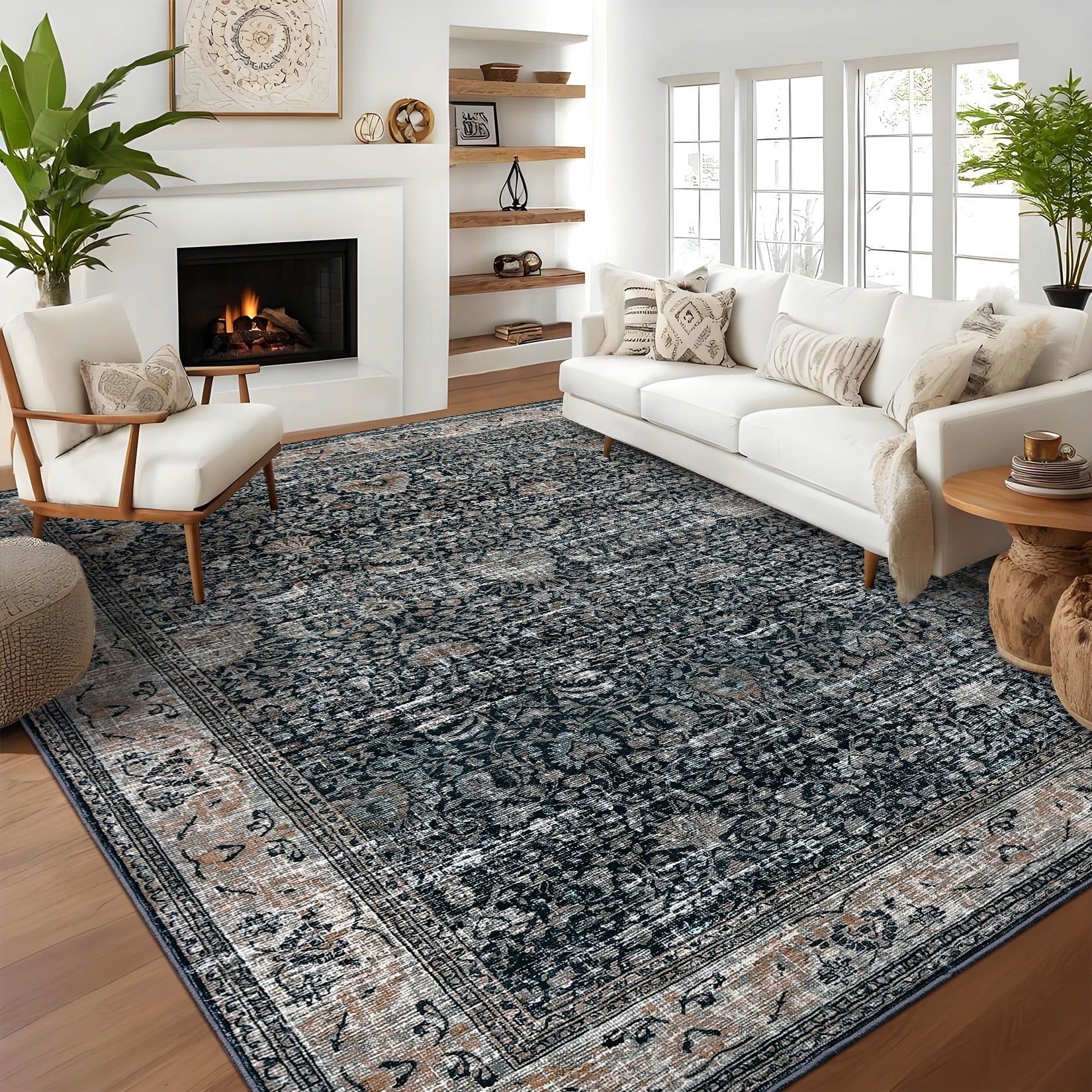 Washable Area Rugs, Black 9'X12' Antique Distressed Large Rug for Living Room, Modern Non Slip Stain Resistant Vintage Print Accent Carpet Floor Mat for Bedroom Dining Office Farmhouse