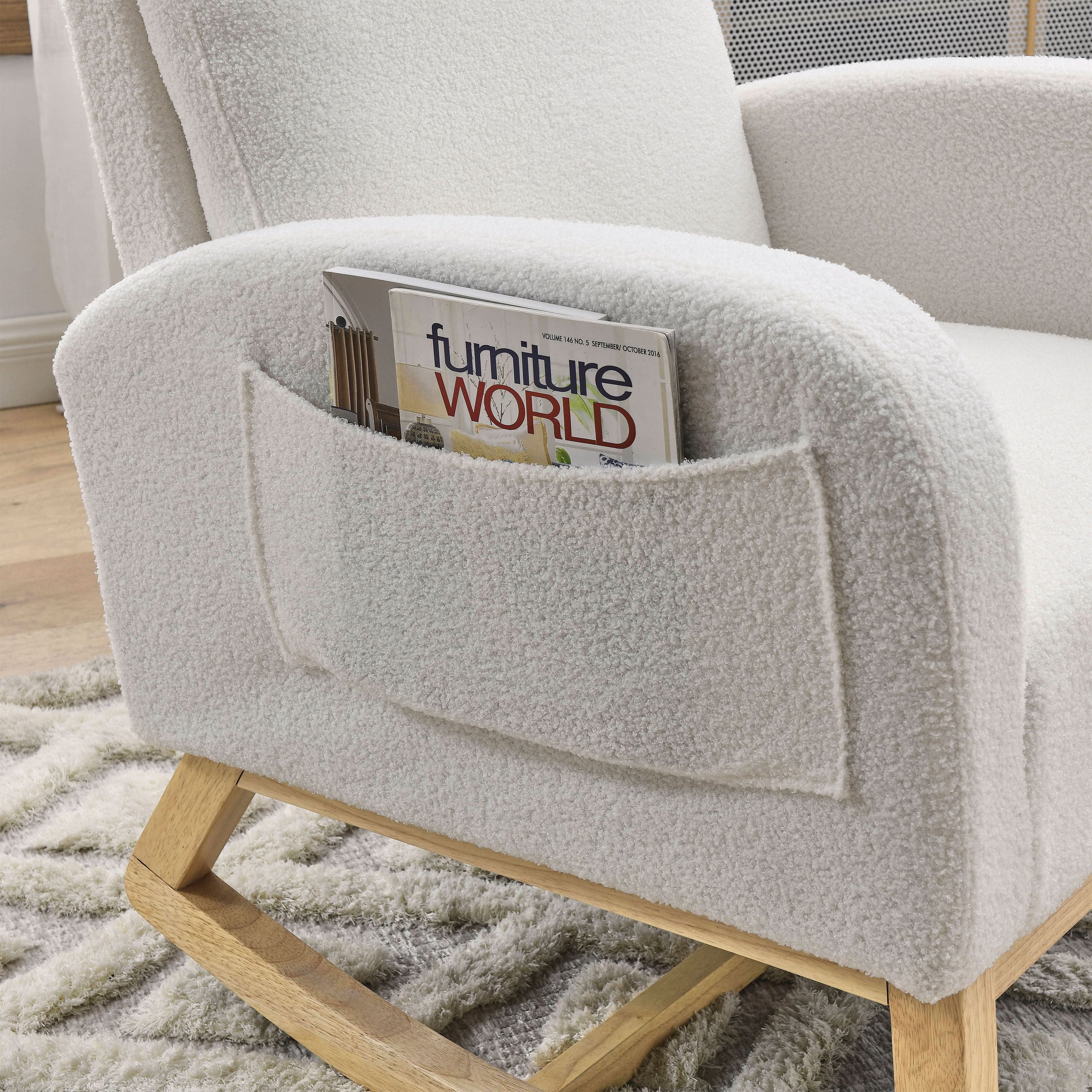 Welike 27.6"W Modern High-Back Rocking Chair with Side Pockets - White Lounge Armchair for Living Room, Nursery (300LBS Capacity)