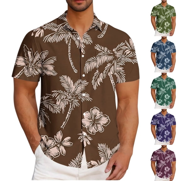 SGFCWSX Men's Short Sleeve Hawaiian Shirt Button Down, Tropical Print Stylish Summer Beach Party Casual Outfit Brown Size XL