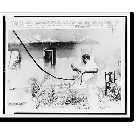 Historic Print, Homeowner tries in vain to save his burning house as firemen were unable to enter the riot area, 16" x 20"