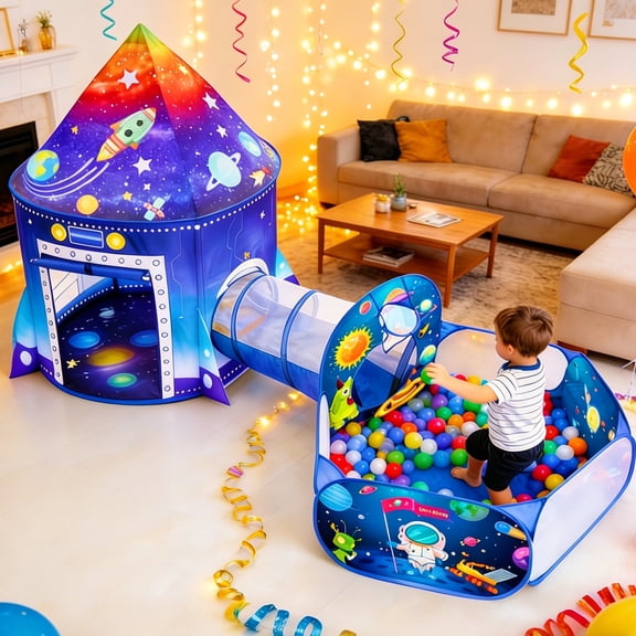 Willingheart 3 in 1 Rocket Ship Play Tent with Tunnel Ball Pit for Kids Space Themed Pop Up Playhouse Indoor Outdoor Astronaut Tent Set Toy Gift for Boys Girls Toddler Baby Child Games Birthday Party