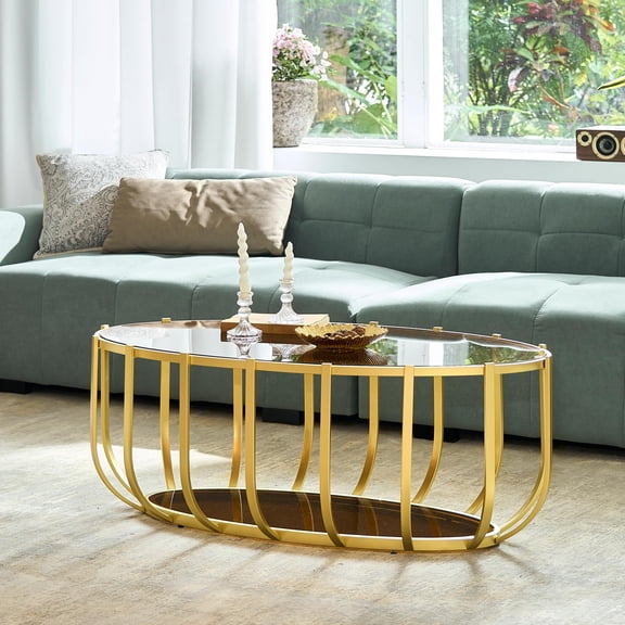 Amber Coffee Brown 2-Tier Oval Coffee Table, Gold Metal Frame with Lower
