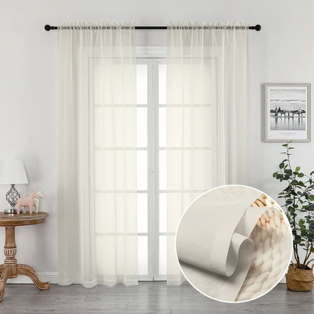 OVZME Sheer Window Curtains 84 inch Long 2 Pcs Set, Rod Pocket Top Solid Voile Panels Drapery for Bedroom/ Guest Room/ Patio Door/Wedding/Backdrop /Living Room (Each W40xL84 inch, Ivory, 7FT L)