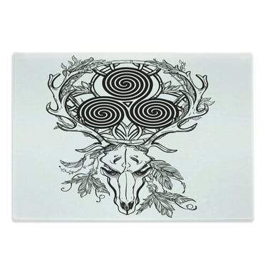 Celtic Cutting Board, Deer Skull with Feather and Celtic Spiral on the Horns Boho, Decorative Tempered Glass Cutting and Serving Board, Large Size, Black White, by Ambesonne