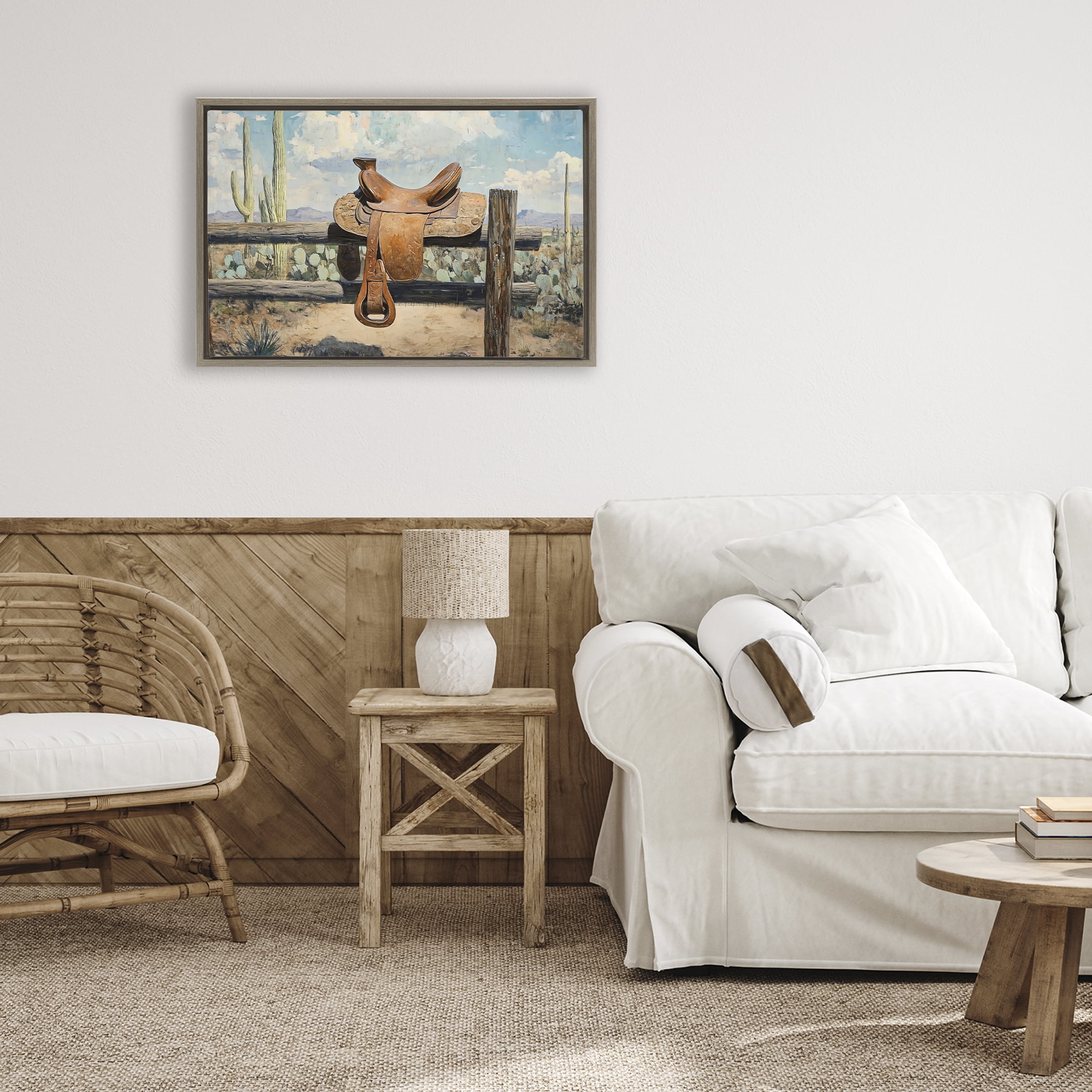 Stupell Industries Saddle on Desert Fence Brown Framed Floater Canvas Wall Art, design by Franklyn Gregory