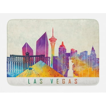 Las Vegas Bath Mat, Colorful Landmarks in Las Vegas Pyramid and of Liberty in Watercolors, Plush Bathroom Decor Mat with Non Slip Backing, 29.5" X 17.5", Multicolor, by Ambesonne